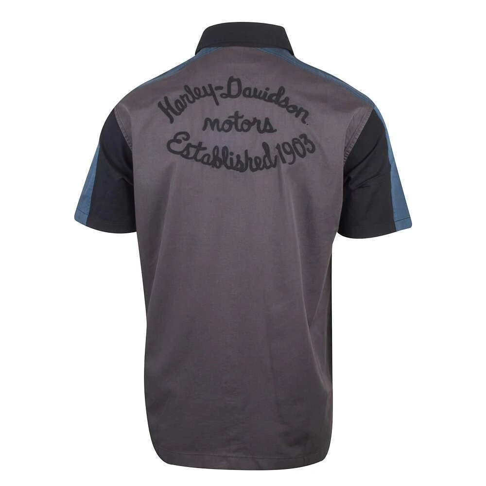 Harley Davidson Harley-Davidson Men's Grey Black Blue Est. 1903 Colorblock S/S Woven Shirt (S36) 6 Harley Davidson Harley-Davidson Men's Grey Black Blue Est. 1903 Colorblock S/S Woven Shirt (S36) - Image 4