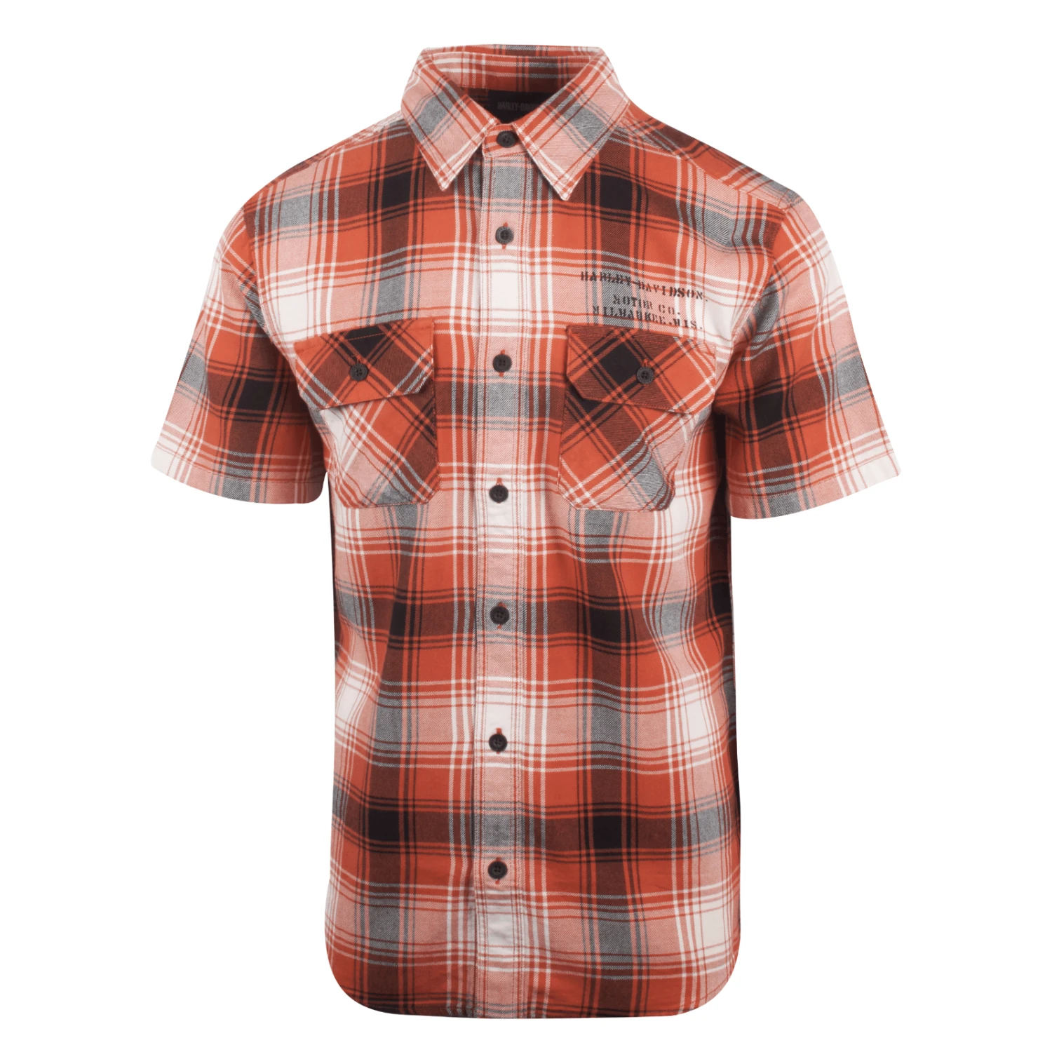 Harley Davidson Harley-Davidson Men's Orange Black White Plaid Special Oil S/S Woven Shirt (S33) 4 Harley Davidson Harley-Davidson Men's Orange Black White Plaid Special Oil S/S Woven Shirt (S33) - Image 2