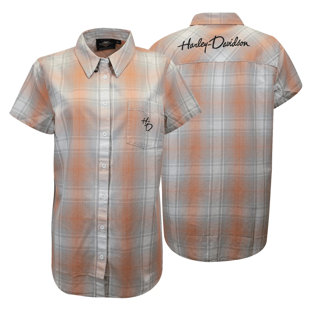 Harley Davidson Harley-Davidson Women's Coral Grey Plaid S/S Woven Shirt (S01) 3 Harley Davidson Harley-Davidson Women's Coral Grey Plaid S/S Woven Shirt (S01)