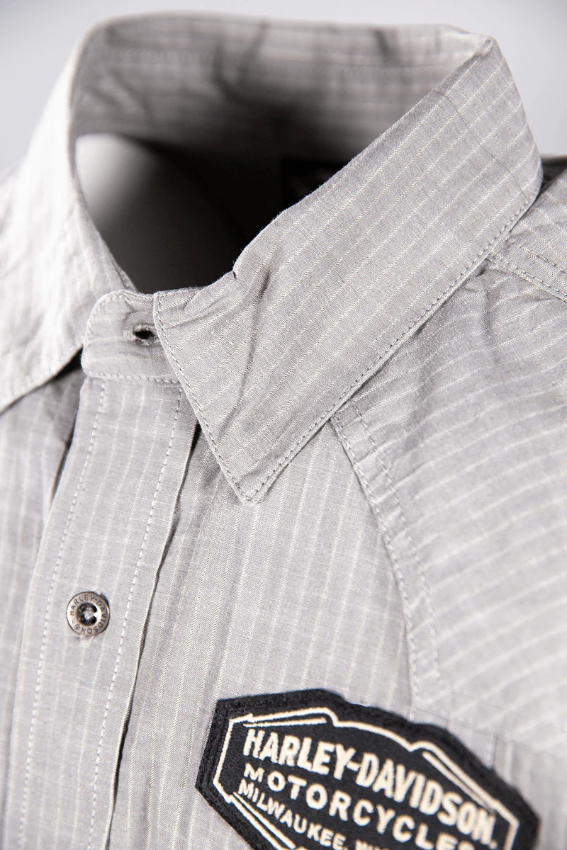 Harley Davidson Harley-Davidson Men's Grey Vertical Striped S/S Woven Shirt (S24) 8 Harley Davidson Harley-Davidson Men's Grey Vertical Striped S/S Woven Shirt (S24) - Image 6
