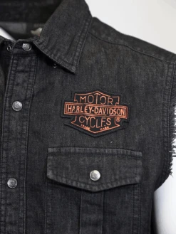 Harley Davidson Harley-Davidson Men's Charcoal Denim Orange Logo Badge Sleeveless Vest (S01) -Harley Davidson Shop 82601723 b36f 5eb3 a9b9 f04c3ab04ba5