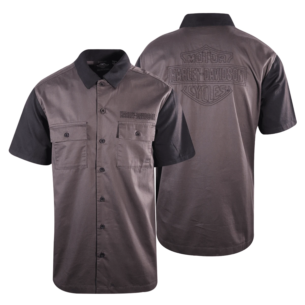 Harley Davidson Harley-Davidson Men's Black Collar Chain Stitched Grey S/S Woven Shirt (S32) 3 Harley Davidson Harley-Davidson Men's Black Collar Chain Stitched Grey S/S Woven Shirt (S32)