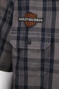 Harley Davidson Harley-Davidson Men's Grey Navy Plaid S/S Woven Shirt -Harley Davidson Shop a2cbdd56 a569 5c49 910f 6ead5b06e097