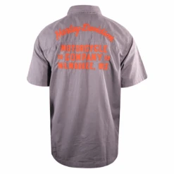 Harley Davidson Harley-Davidson Men's Grey Circular Patch S/S Woven Shirt (S27) -Harley Davidson Shop a3893c38 6738 54b6 9d84 6832630be06b