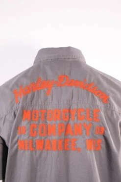 Harley Davidson Harley-Davidson Men's Grey Circular Patch S/S Woven Shirt (S27) -Harley Davidson Shop c563f365 8573 5742 bfeb be650d09b478