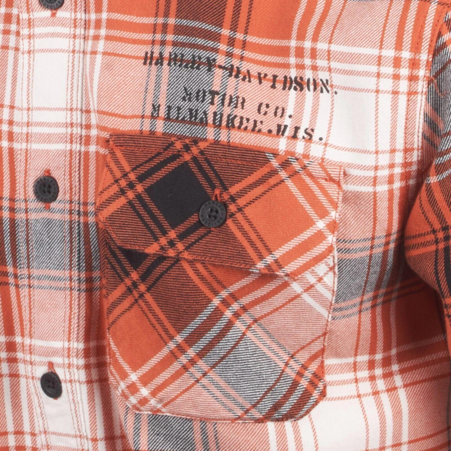 Harley Davidson Harley-Davidson Men's Orange Black White Plaid Special Oil S/S Woven Shirt (S33) 8 Harley Davidson Harley-Davidson Men's Orange Black White Plaid Special Oil S/S Woven Shirt (S33) - Image 6