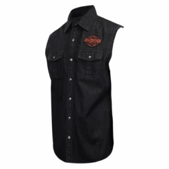 Harley Davidson Harley-Davidson Men's Charcoal Denim Orange Logo Badge Sleeveless Vest (S01) -Harley Davidson Shop cdddf87f e197 5509 989b 55fcc528f22a