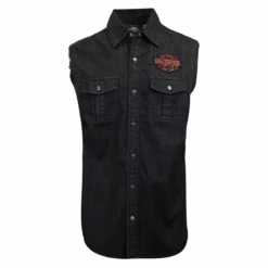 Harley Davidson Harley-Davidson Men's Charcoal Denim Orange Logo Badge Sleeveless Vest (S01)