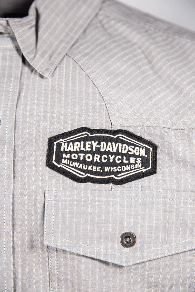 Harley Davidson Harley-Davidson Men's Grey Vertical Striped S/S Woven Shirt (S24) 7 Harley Davidson Harley-Davidson Men's Grey Vertical Striped S/S Woven Shirt (S24) - Image 5