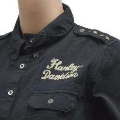 Harley Davidson Harley-Davidson Women's Black Shoulder Stud Denim L/S Woven Shirt -Harley Davidson Shop e59e66c1 e58c 5484 bf2f 80466fa9f2f3