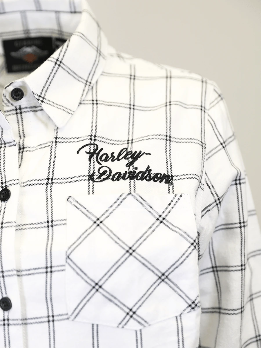 Harley Davidson Harley-Davidson Women's White Black Check L/S Woven Shirt (S02) 7 Harley Davidson Harley-Davidson Women's White Black Check L/S Woven Shirt (S02) - Image 5