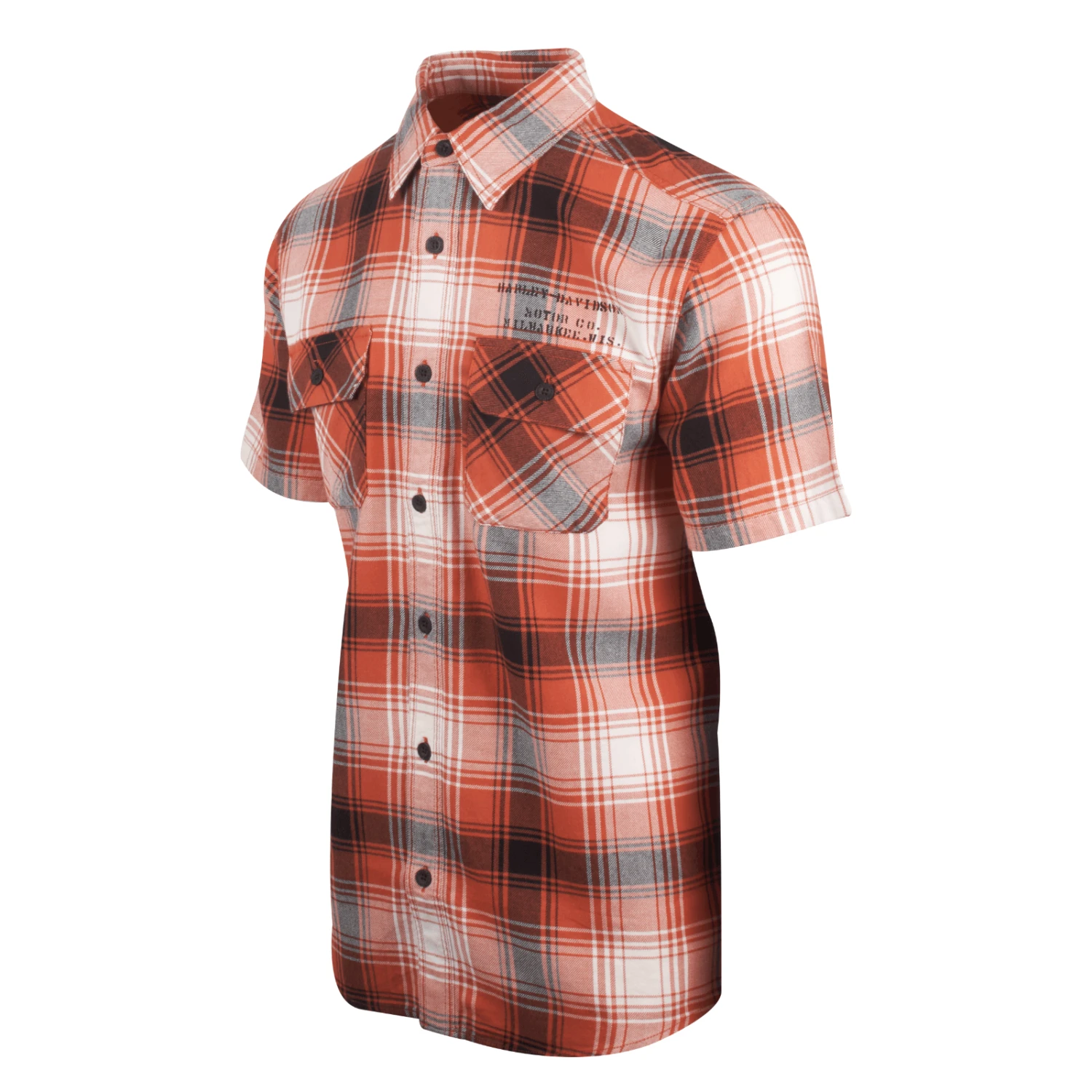 Harley Davidson Harley-Davidson Men's Orange Black White Plaid Special Oil S/S Woven Shirt (S33) 5 Harley Davidson Harley-Davidson Men's Orange Black White Plaid Special Oil S/S Woven Shirt (S33) - Image 3