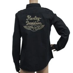 Harley Davidson Harley-Davidson Women's Black Shoulder Stud Denim L/S Woven Shirt -Harley Davidson Shop f08d4169 6c21 5f8b b7e4 cc6ca81650c0