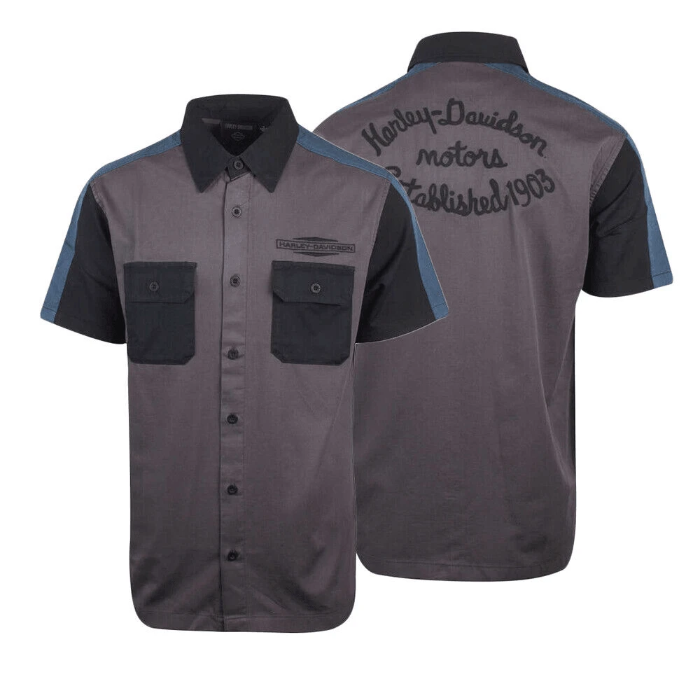 Harley Davidson Harley-Davidson Men's Grey Black Blue Est. 1903 Colorblock S/S Woven Shirt (S36) 3 Harley Davidson Harley-Davidson Men's Grey Black Blue Est. 1903 Colorblock S/S Woven Shirt (S36)