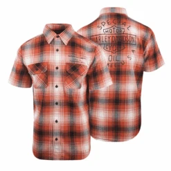 Harley Davidson Harley-Davidson Men's Orange Black White Plaid Special Oil S/S Woven Shirt (S33)