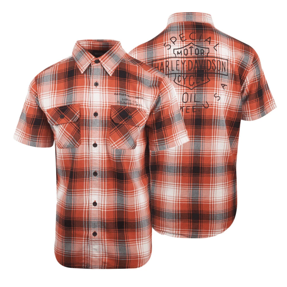 Harley Davidson Harley-Davidson Men's Orange Black White Plaid Special Oil S/S Woven Shirt (S33) 3 Harley Davidson Harley-Davidson Men's Orange Black White Plaid Special Oil S/S Woven Shirt (S33)