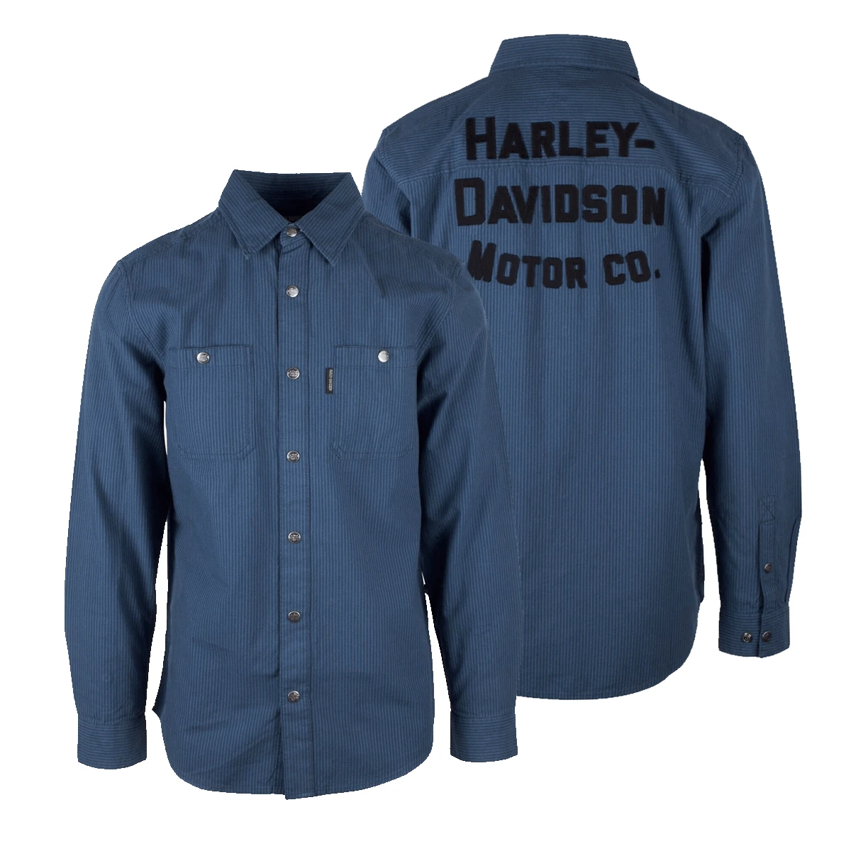 Harley Davidson Harley-Davidson Men's Blue Amplifier Railroad Snap Button L/S Woven Shirt (S44) 3 Harley Davidson Harley-Davidson Men's Blue Amplifier Railroad Snap Button L/S Woven Shirt (S44)