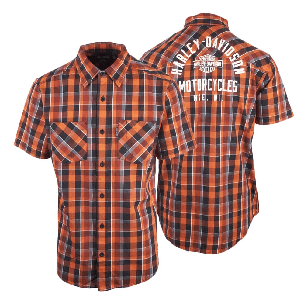 Harley Davidson Harley-Davidson Men's Orange Black Plaid MKE S/S Woven Shirt (S45) 3 Harley Davidson Harley-Davidson Men's Orange Black Plaid MKE S/S Woven Shirt (S45)